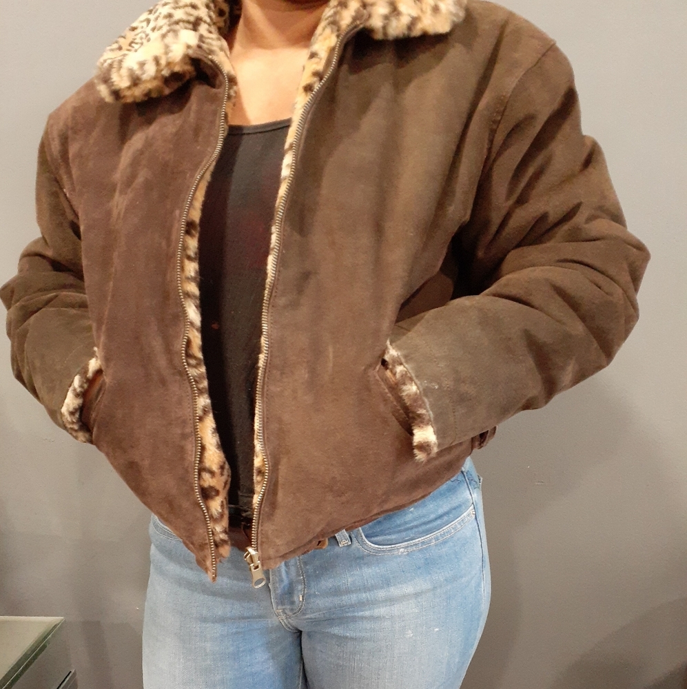Vtg Joyce Leslie faux fur leopard and leather reversible bomber jacket size S - Picture 3 of 16